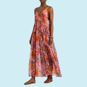 Free People Julianna Maxi Dress Small Red Cherry Floral Tiered Chiffon Boho Chic